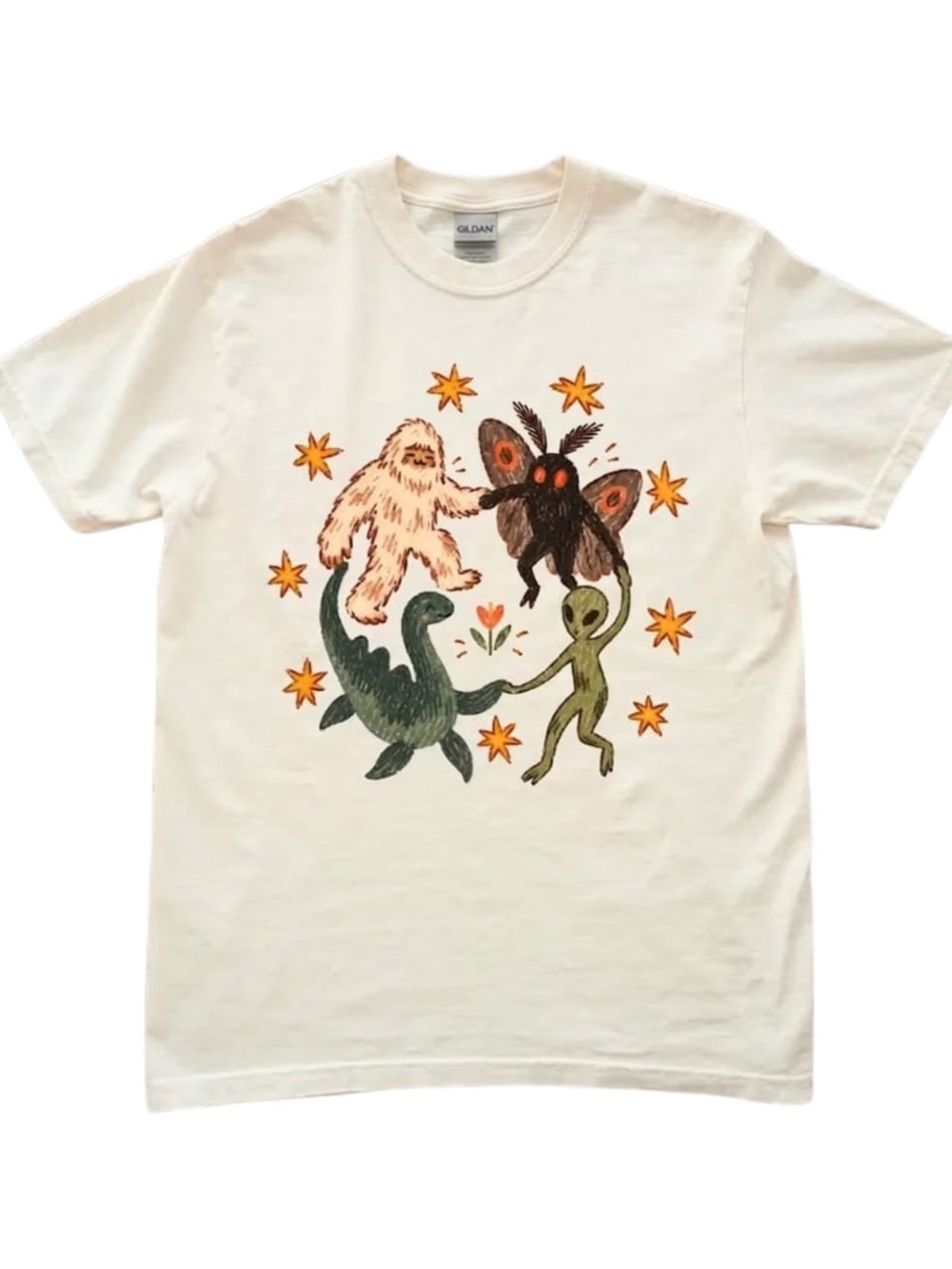 Gildan Cream Short Sleeve Tee with Colorful Mythical Creature Graphic